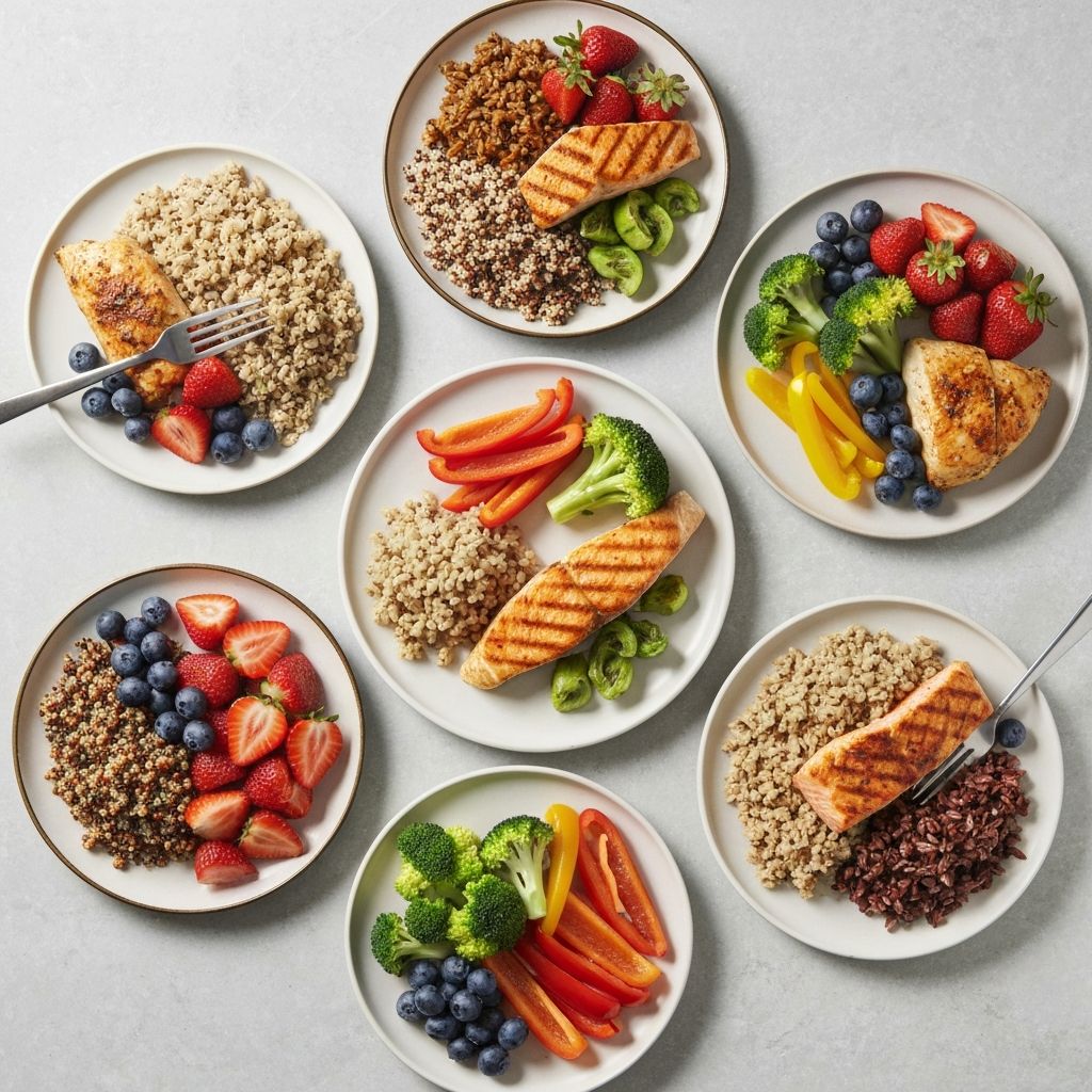 Mixed food portions on various plates
