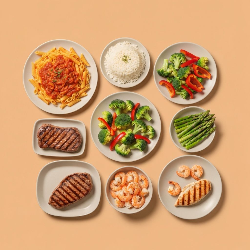 Various food items on different sized plates